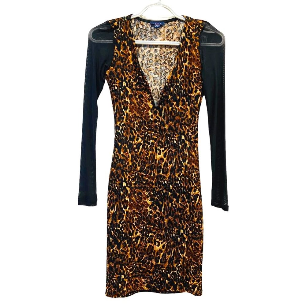 UK2LA Mini Dress Brown Black Leopard Long Sleeve Transparent Size XS